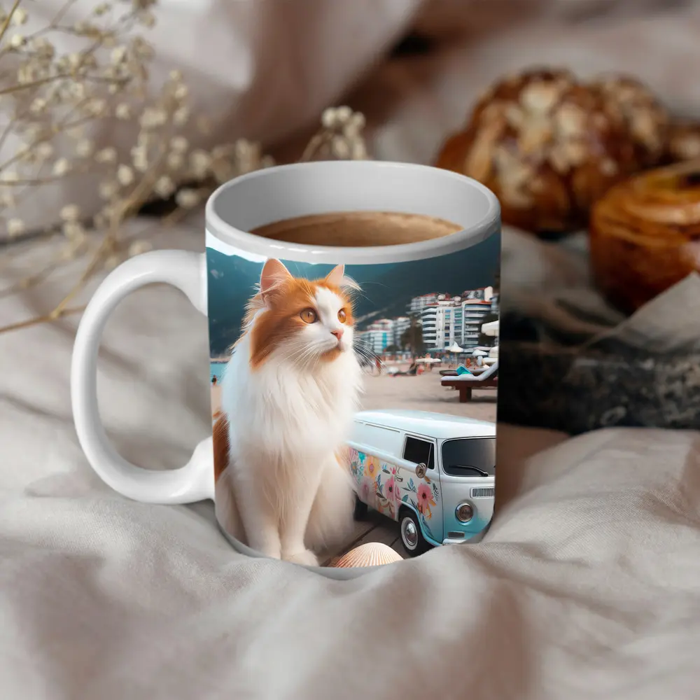 Turkish Van Cat Beach Retro Floral Van – Mugs