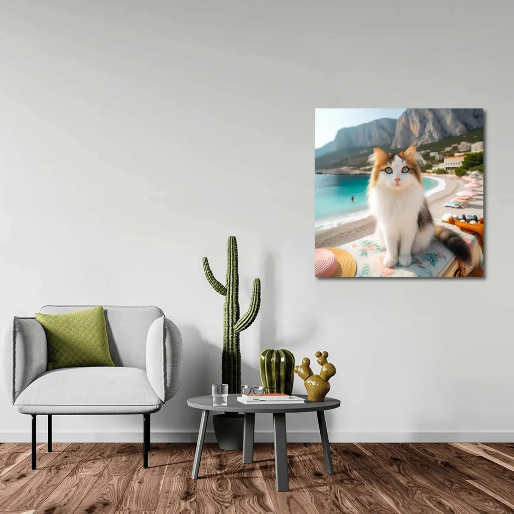 Calico Cat Sitting on Sunny Beach – Wall Art
