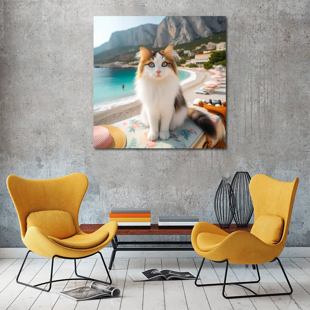 Calico Cat Sitting on Sunny Beach – Wall Art