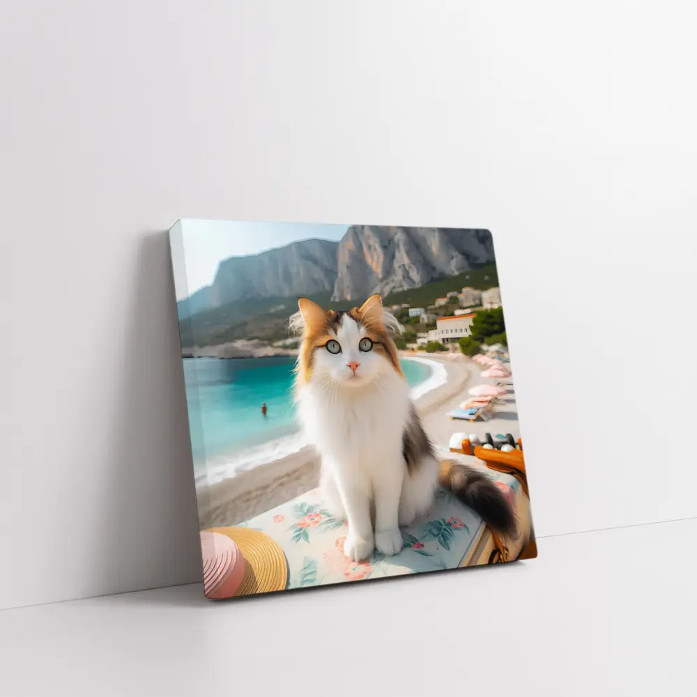 Calico Cat Sitting on Sunny Beach – Wall Art