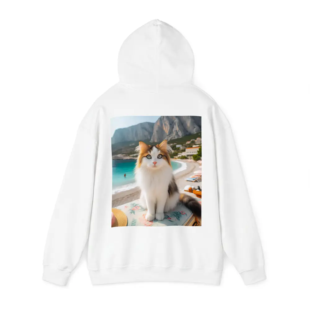 Calico Cat Sitting on Sunny Beach – Hoodies