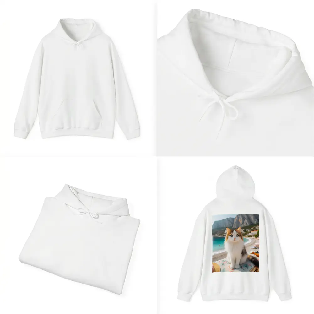 Calico Cat Sitting on Sunny Beach – Hoodies