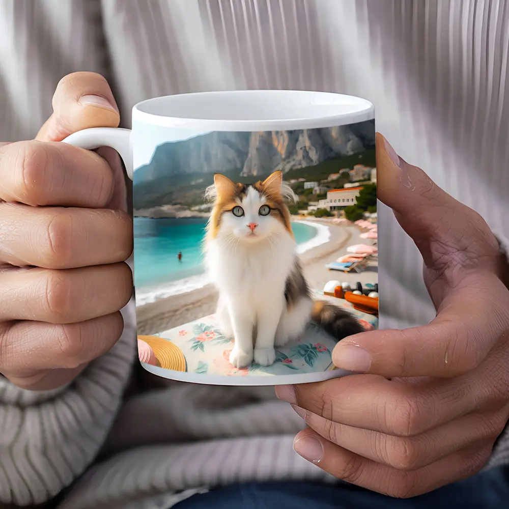 Calico Cat Sitting on Sunny Beach – Mugs