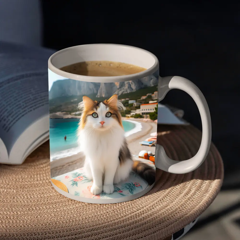 Calico Cat Sitting on Sunny Beach – Mugs