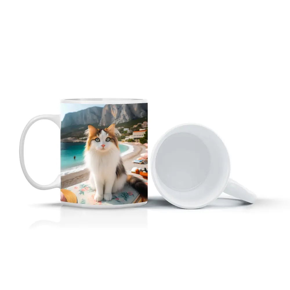 Calico Cat Sitting on Sunny Beach – Mugs