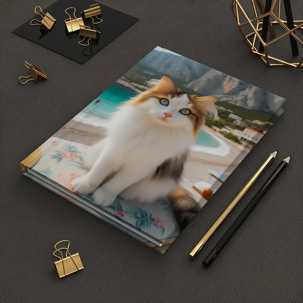 Calico Cat Sitting on Sunny Beach – Notebooks
