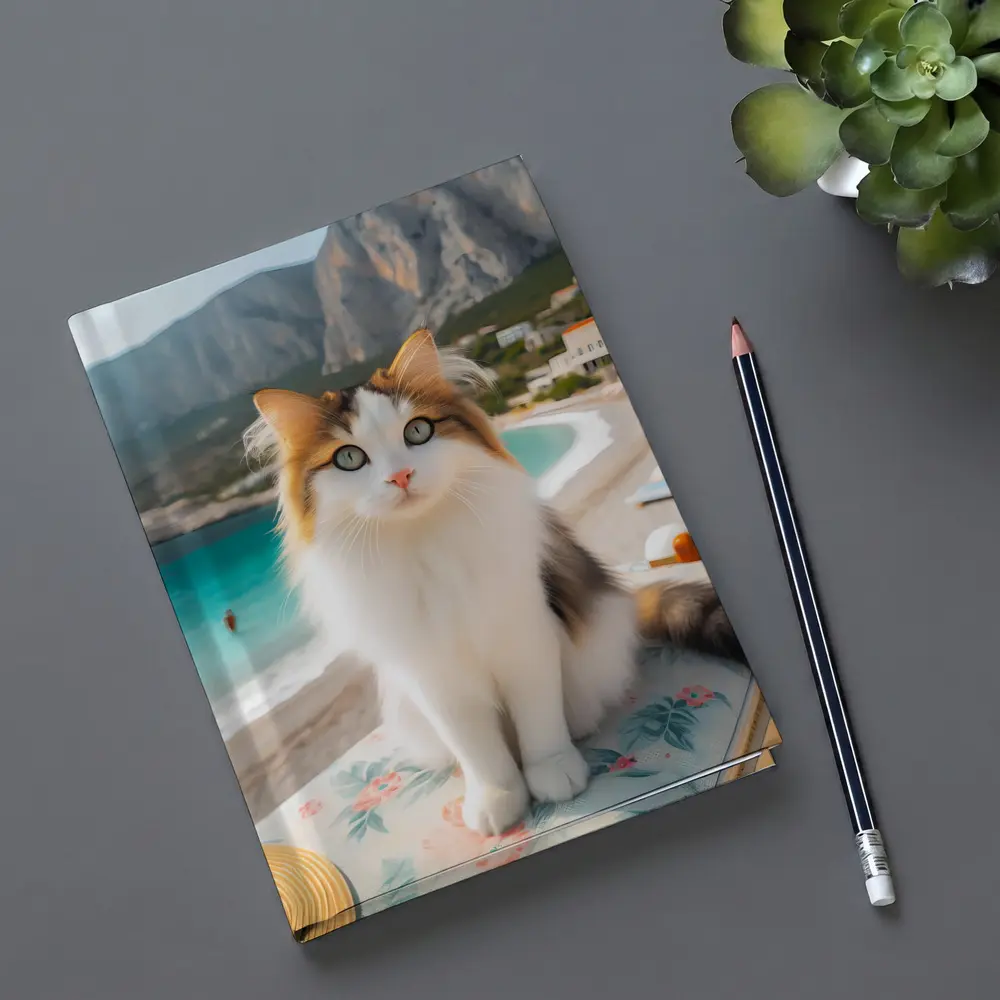 Calico Cat Sitting on Sunny Beach – Notebooks