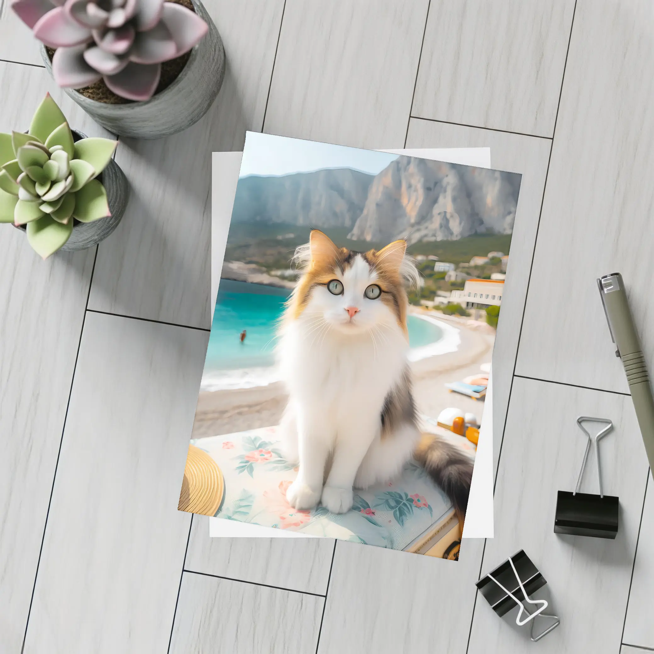 Calico Cat Sitting on Sunny Beach – Postcards