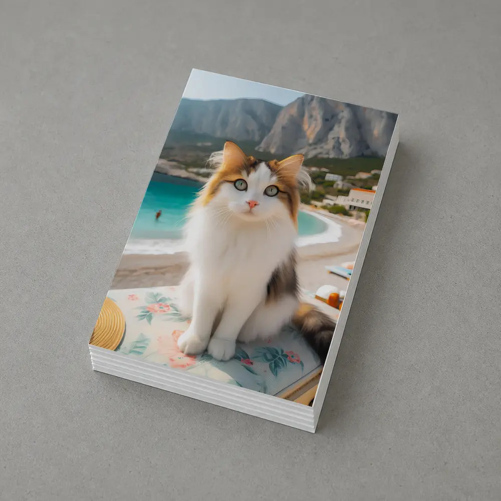 Calico Cat Sitting on Sunny Beach – Postcards