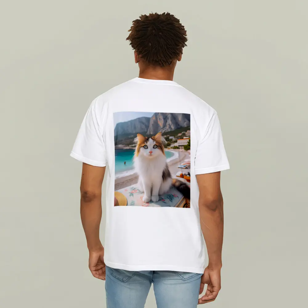 Calico Cat Sitting on Sunny Beach – T-Shirts