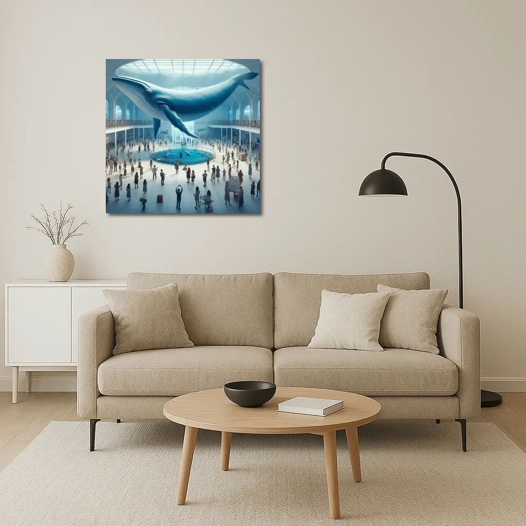Blue Whale Over Museum Aquarium Crowd – Wall Art