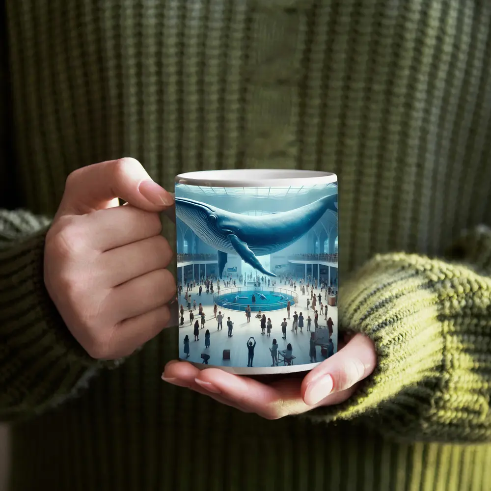 Blue Whale Over Museum Aquarium Crowd – Mugs