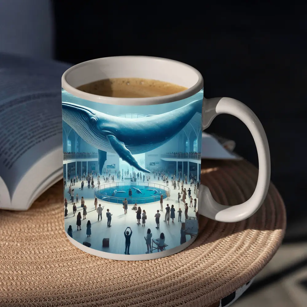 Blue Whale Over Museum Aquarium Crowd – Mugs