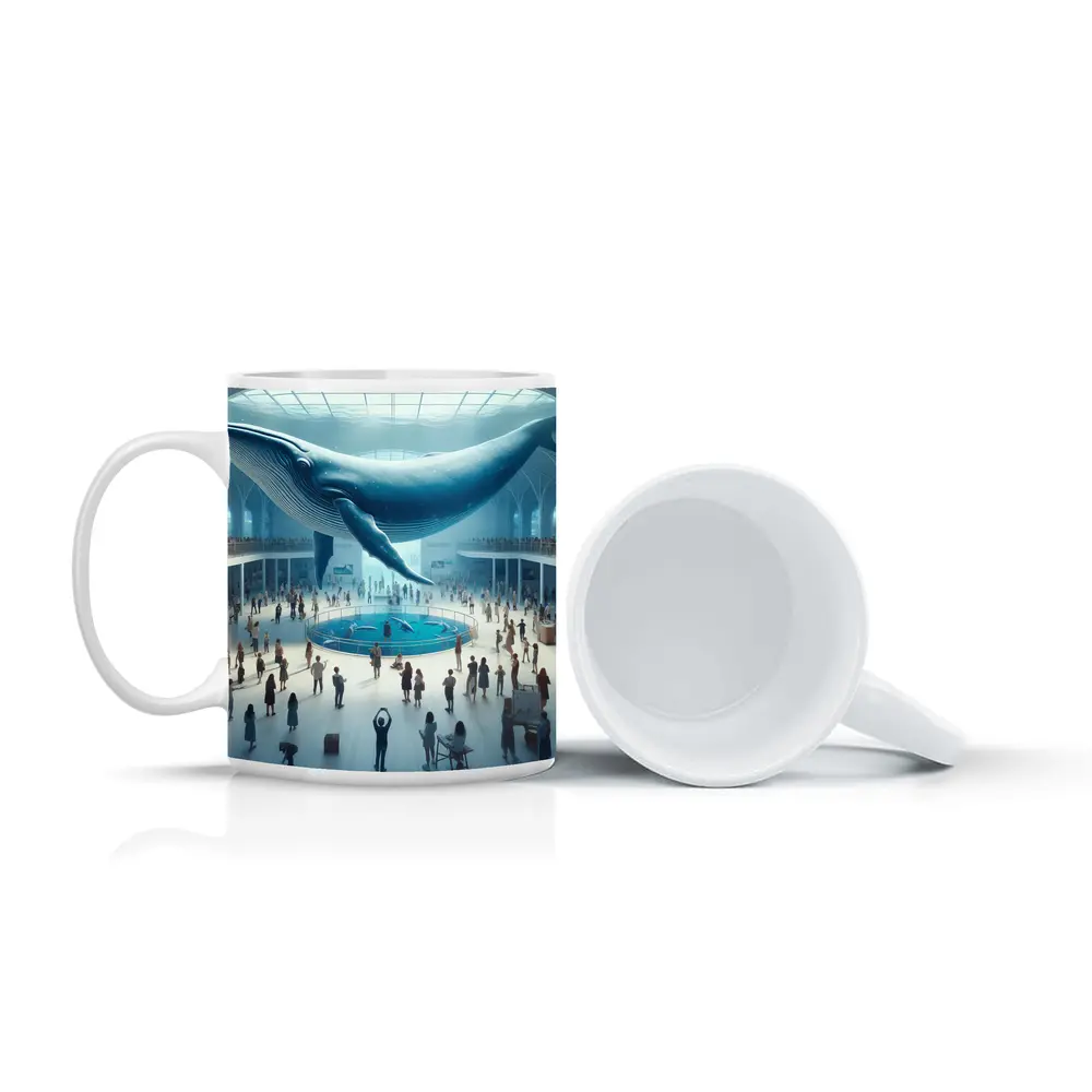 Blue Whale Over Museum Aquarium Crowd – Mugs