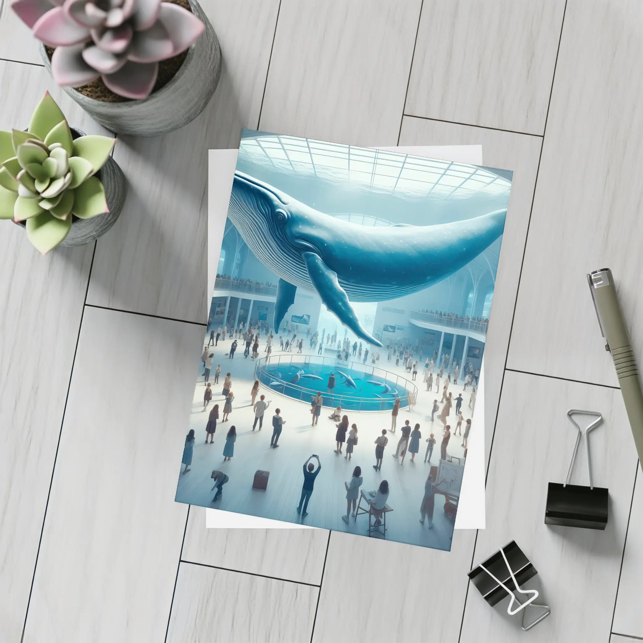 Blue Whale Over Museum Aquarium Crowd – Postcards