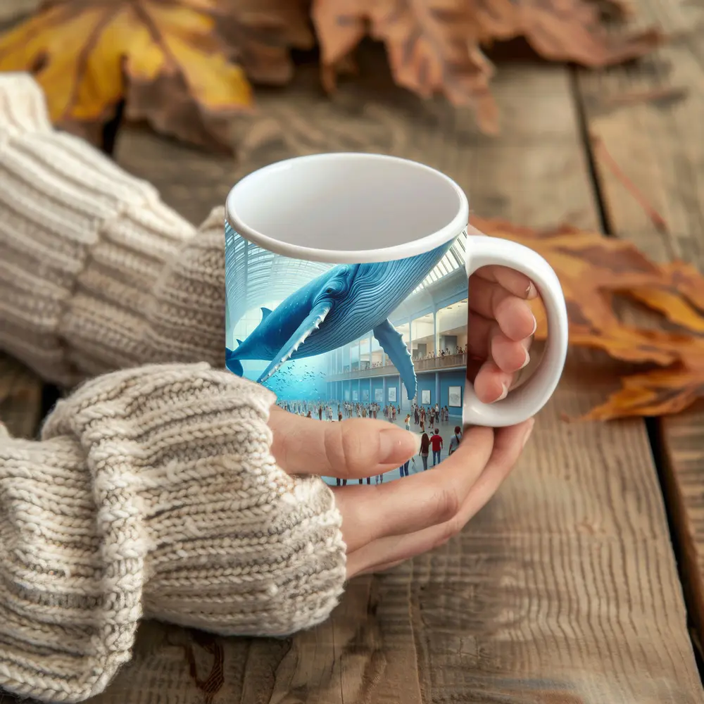 Blue Whale Floating Inside Museum Hall – Mugs