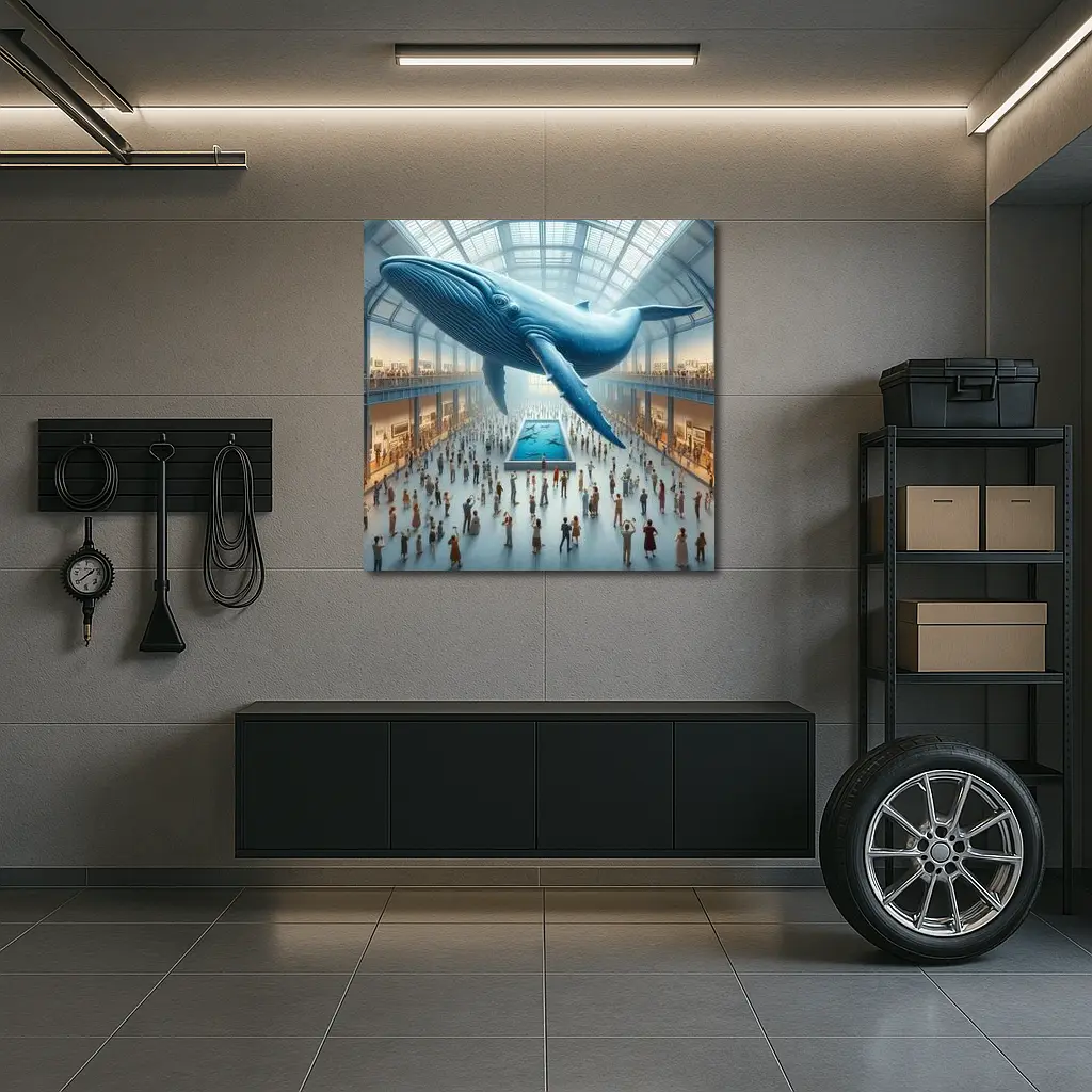 Blue Whale Floating Over Museum Crowd – Wall Art