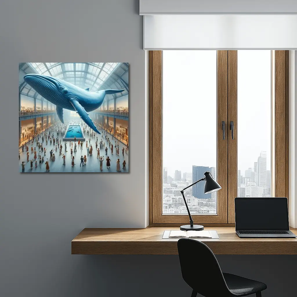 Blue Whale Floating Over Museum Crowd – Wall Art