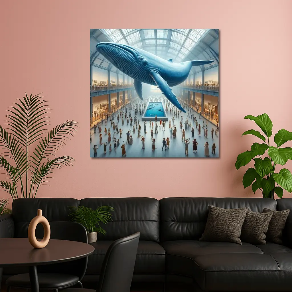 Blue Whale Floating Over Museum Crowd – Wall Art