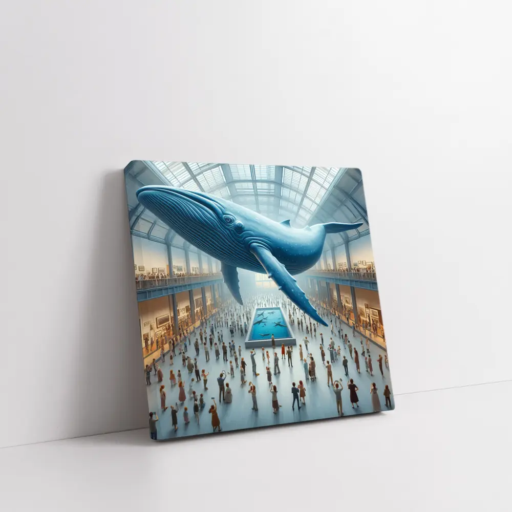 Blue Whale Floating Over Museum Crowd – Wall Art