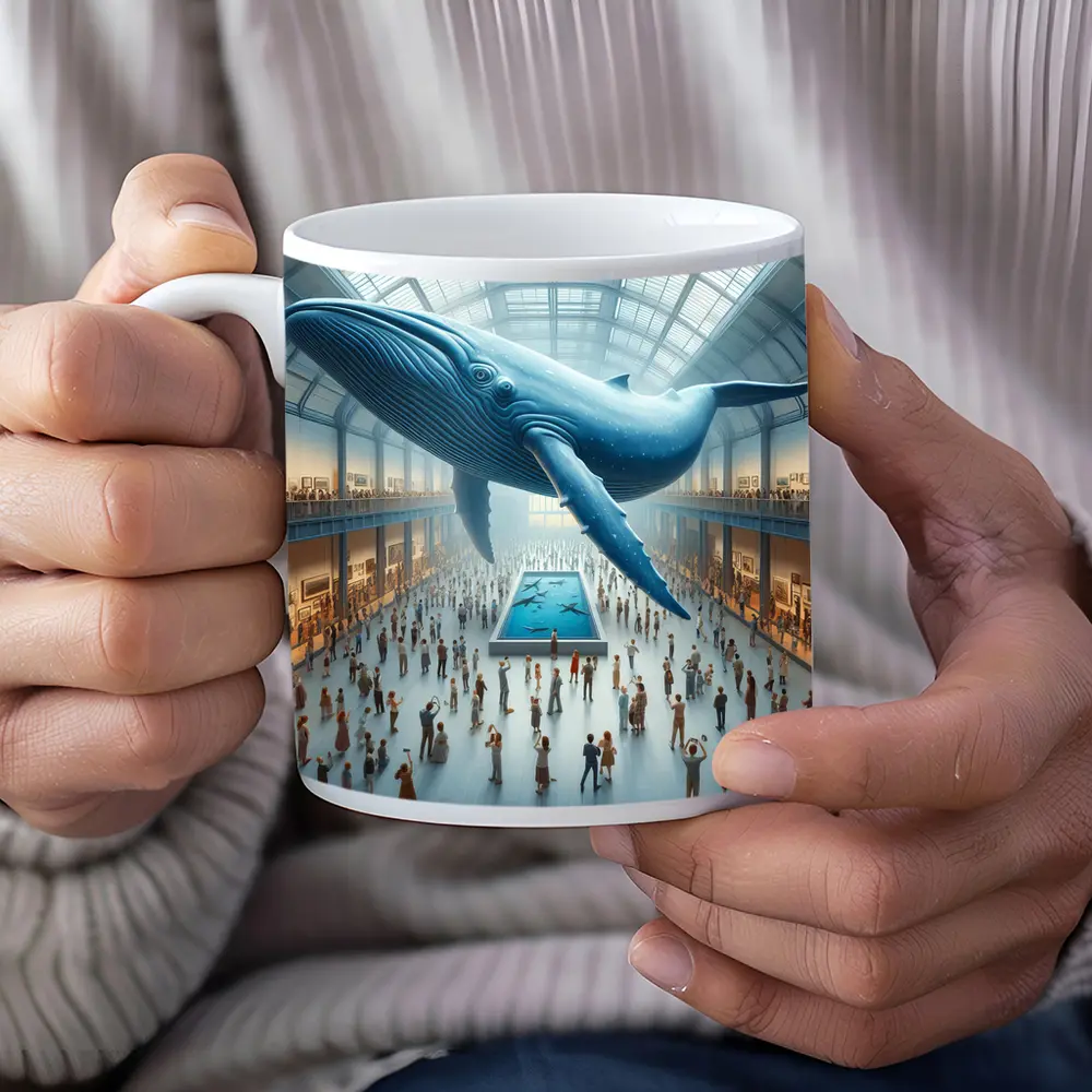 Blue Whale Floating Over Museum Crowd – Mugs