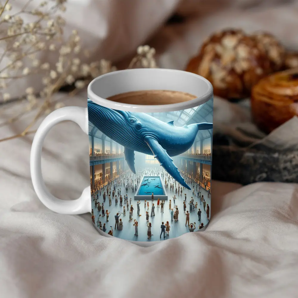 Blue Whale Floating Over Museum Crowd – Mugs