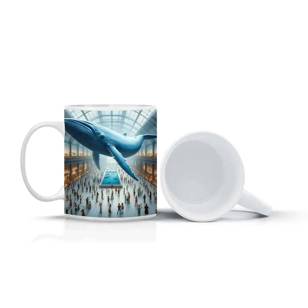 Blue Whale Floating Over Museum Crowd – Mugs