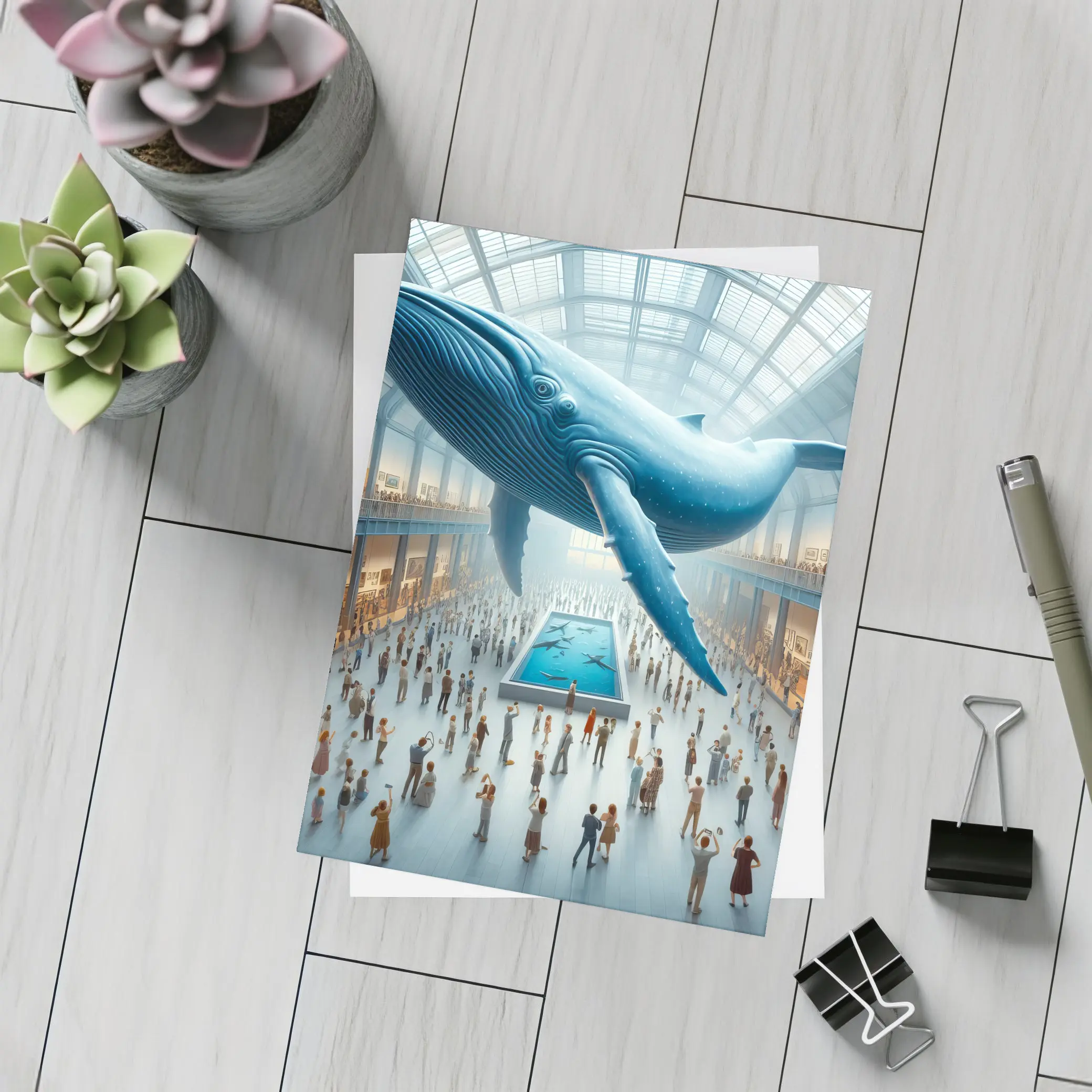 Blue Whale Floating Over Museum Crowd – Postcards