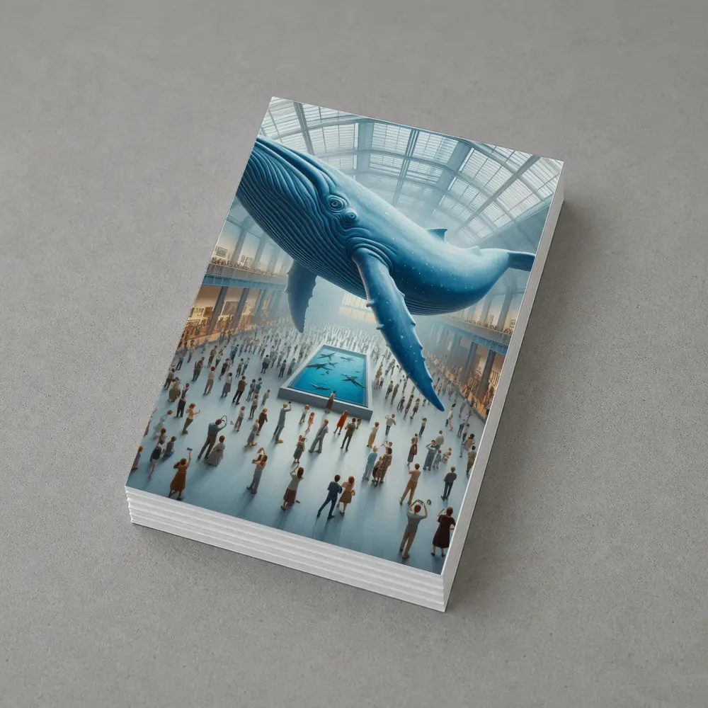 Blue Whale Floating Over Museum Crowd – Postcards