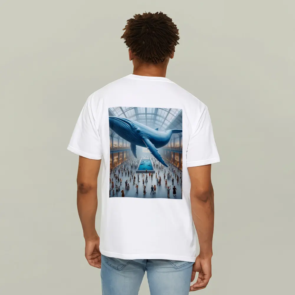 Blue Whale Floating Over Museum Crowd – T-Shirts