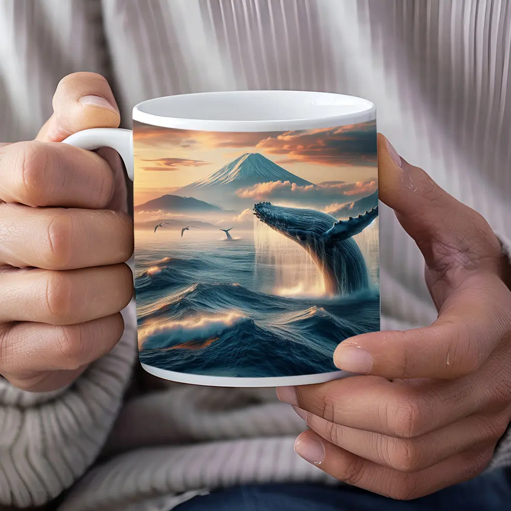 Humpback Whale Breaching Mount Fuji Sunset – Mugs