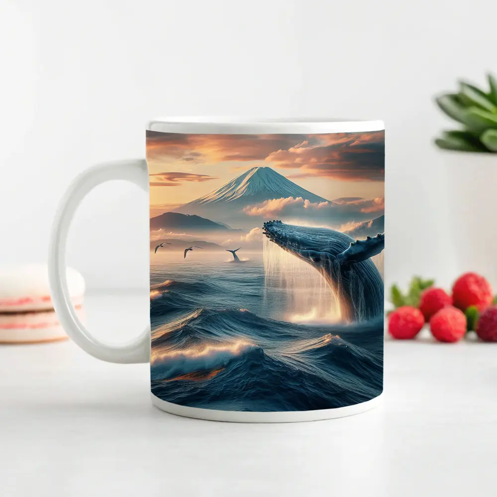 Humpback Whale Breaching Mount Fuji Sunset – Mugs
