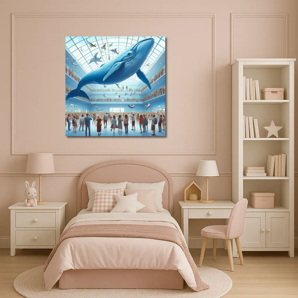 Blue Whale Flying Over Museum Crowd – Wall Art
