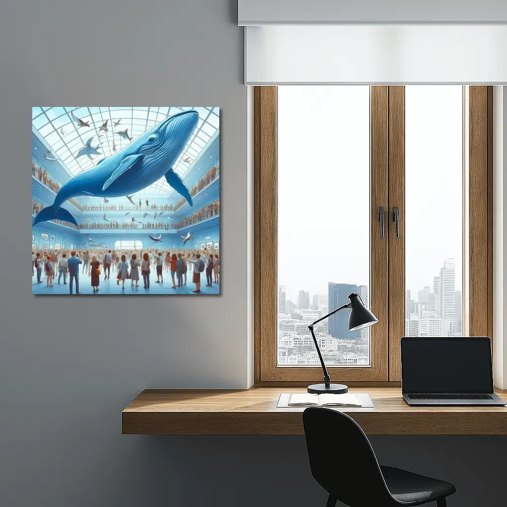 Blue Whale Flying Over Museum Crowd – Wall Art