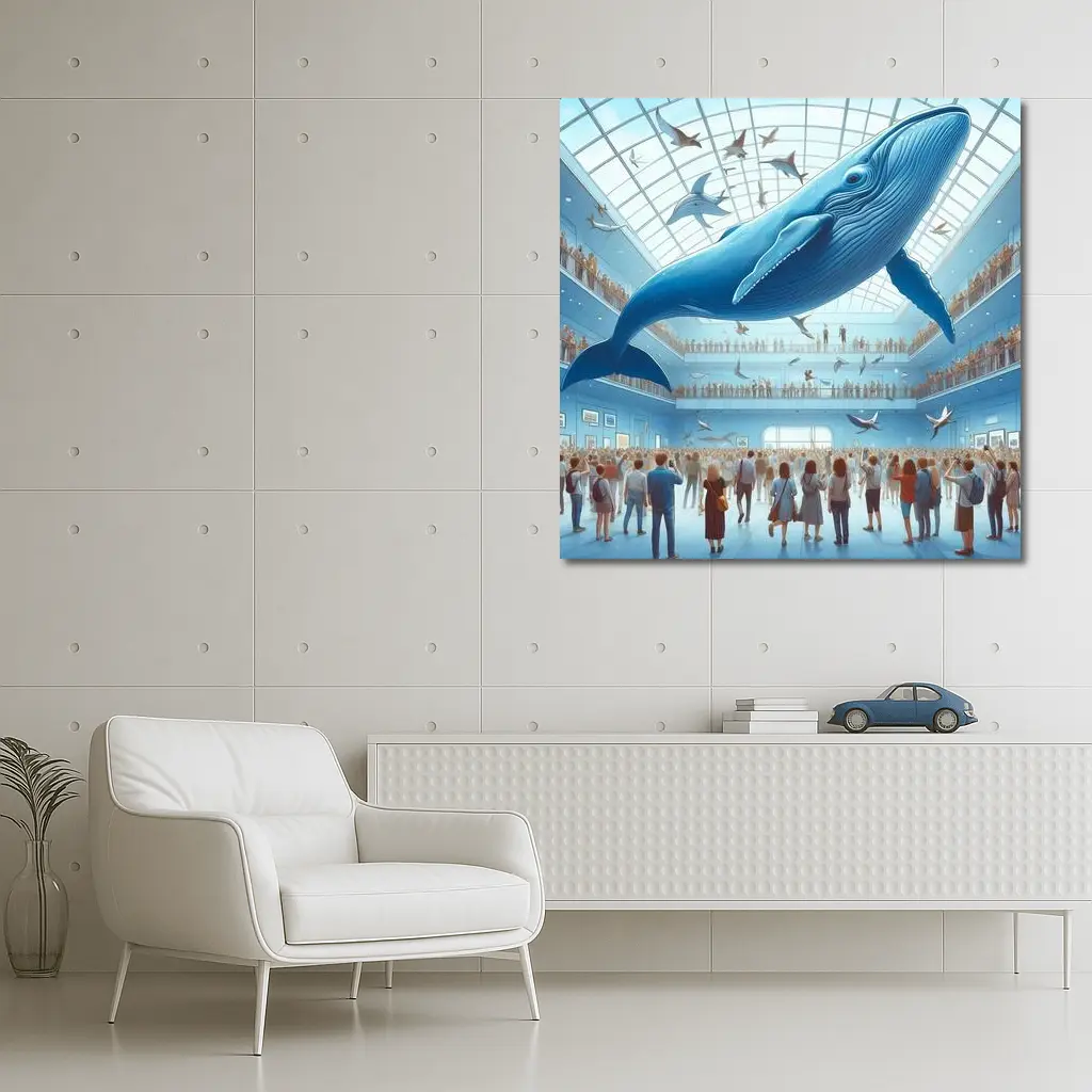 Blue Whale Flying Over Museum Crowd – Wall Art