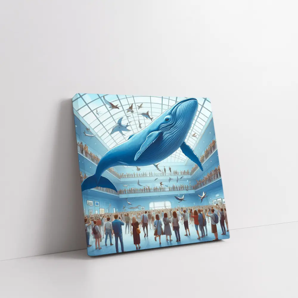 Blue Whale Flying Over Museum Crowd – Wall Art