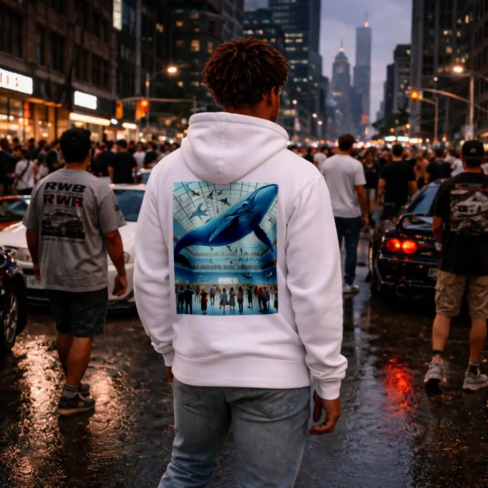 Blue Whale Flying Over Museum Crowd – Hoodies