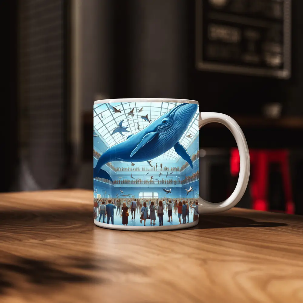 Blue Whale Flying Over Museum Crowd – Mugs
