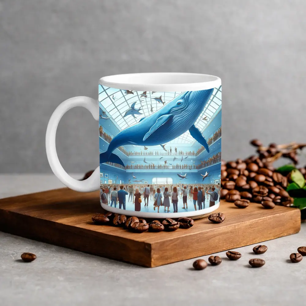 Blue Whale Flying Over Museum Crowd – Mugs