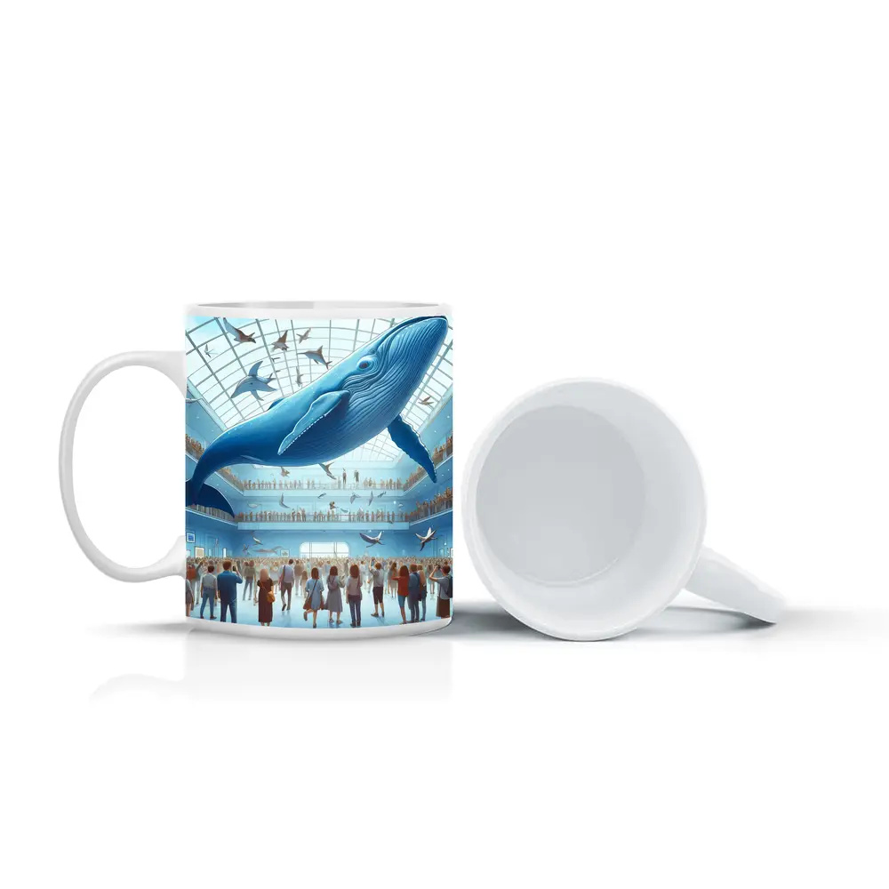 Blue Whale Flying Over Museum Crowd – Mugs