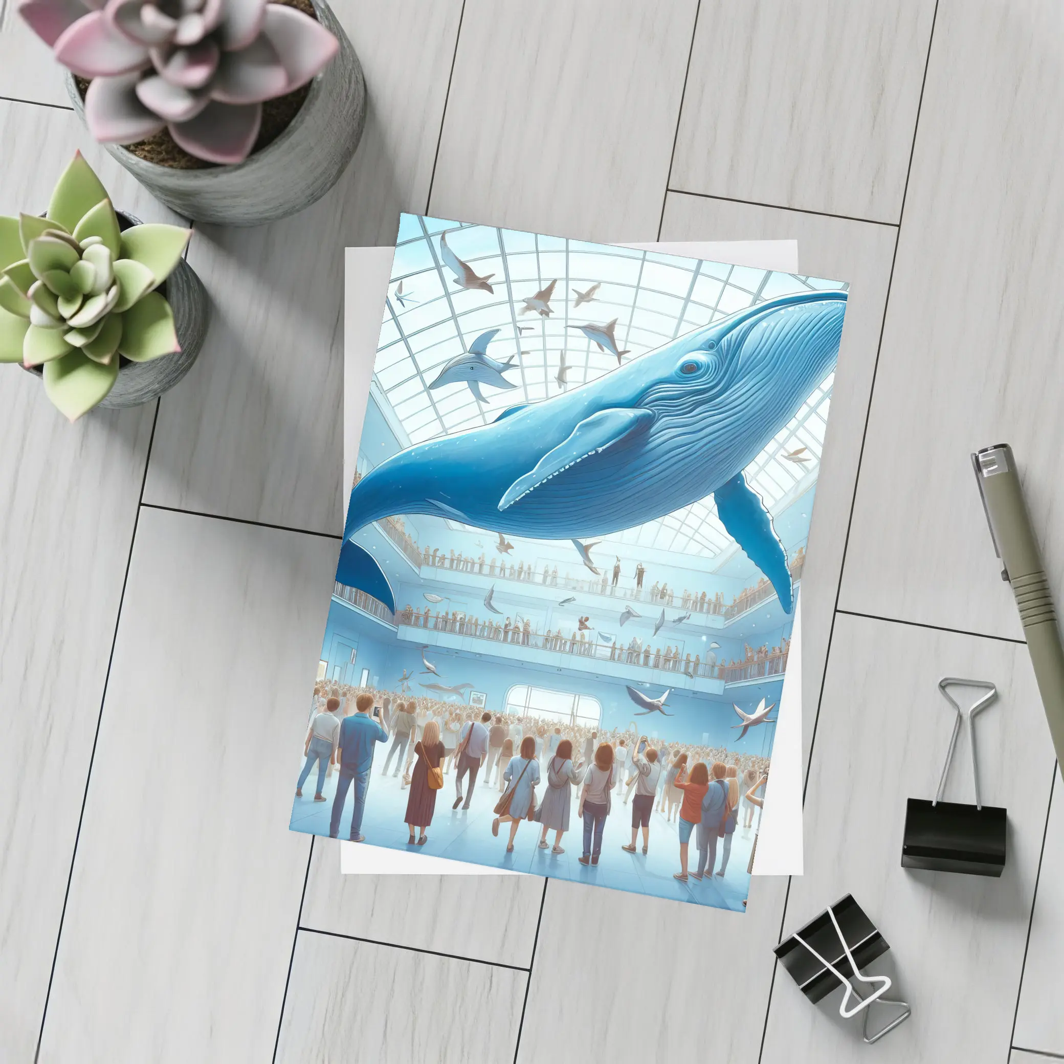 Blue Whale Flying Over Museum Crowd – Postcards