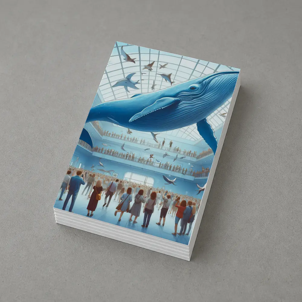 Blue Whale Flying Over Museum Crowd – Postcards