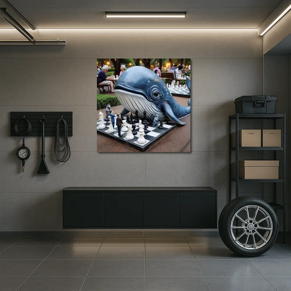Whale Playing Chess In City Park – Wall Art