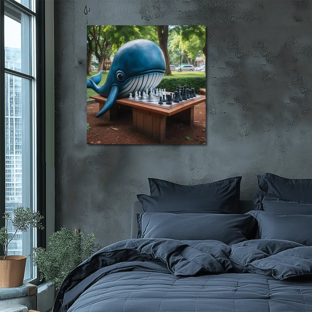 Blue Whale Playing Chess In Park – Wall Art