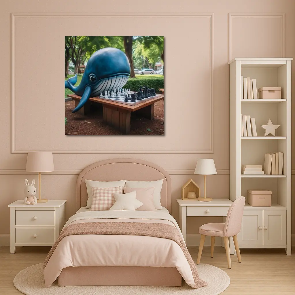 Blue Whale Playing Chess In Park – Wall Art