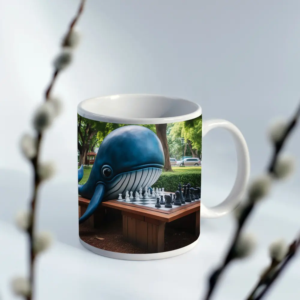 Blue Whale Playing Chess In Park – Mugs
