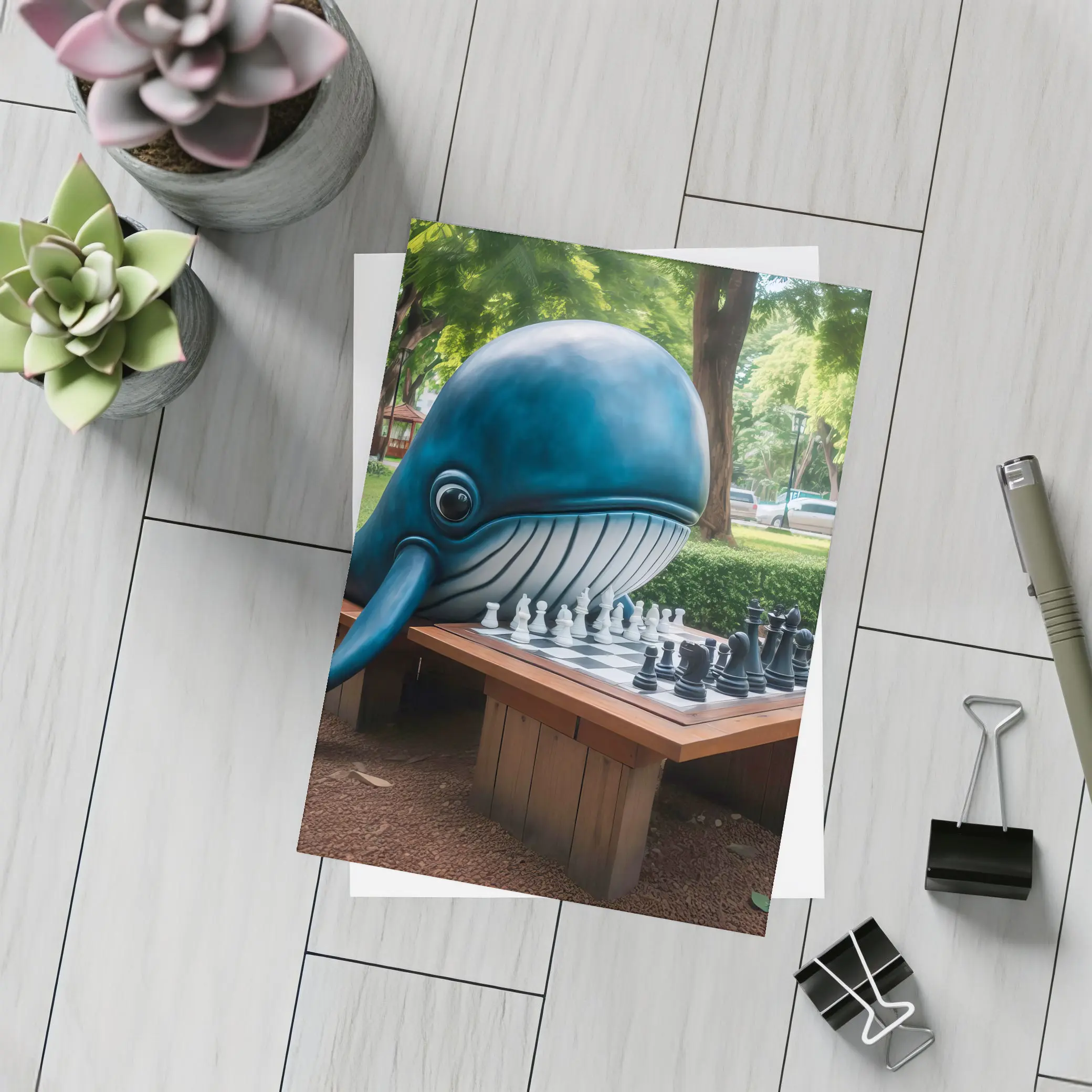 Blue Whale Playing Chess In Park – Postcards