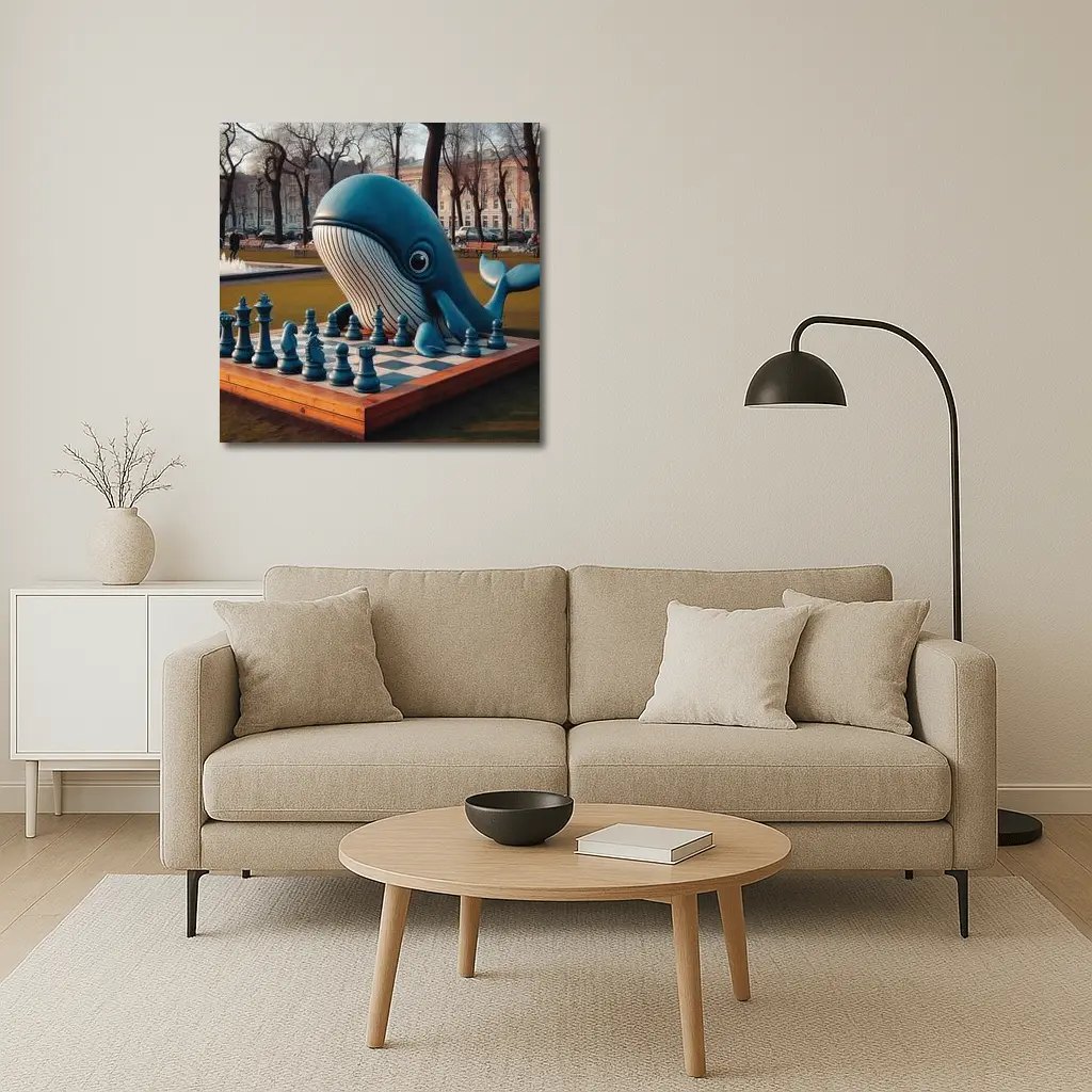 Blue Whale Playing Chess In Park – Wall Art