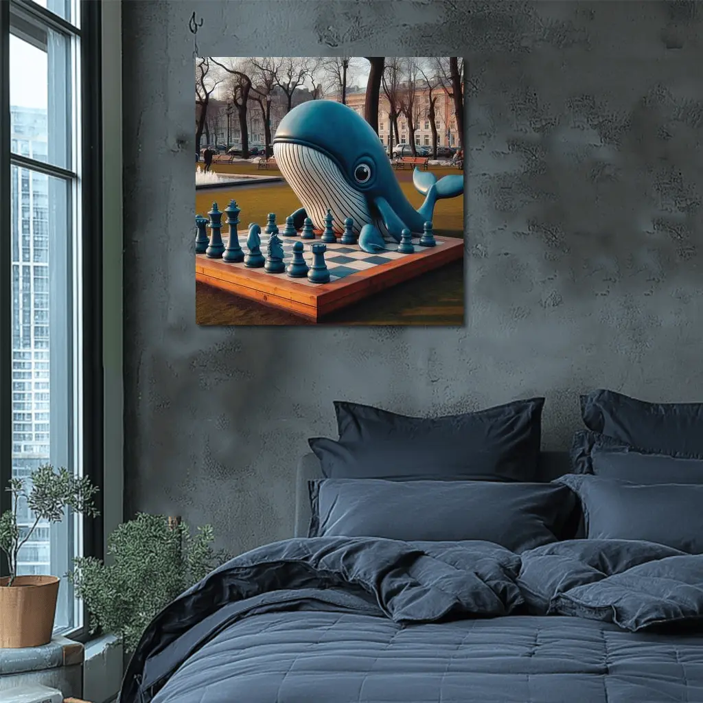 Blue Whale Playing Chess In Park – Wall Art