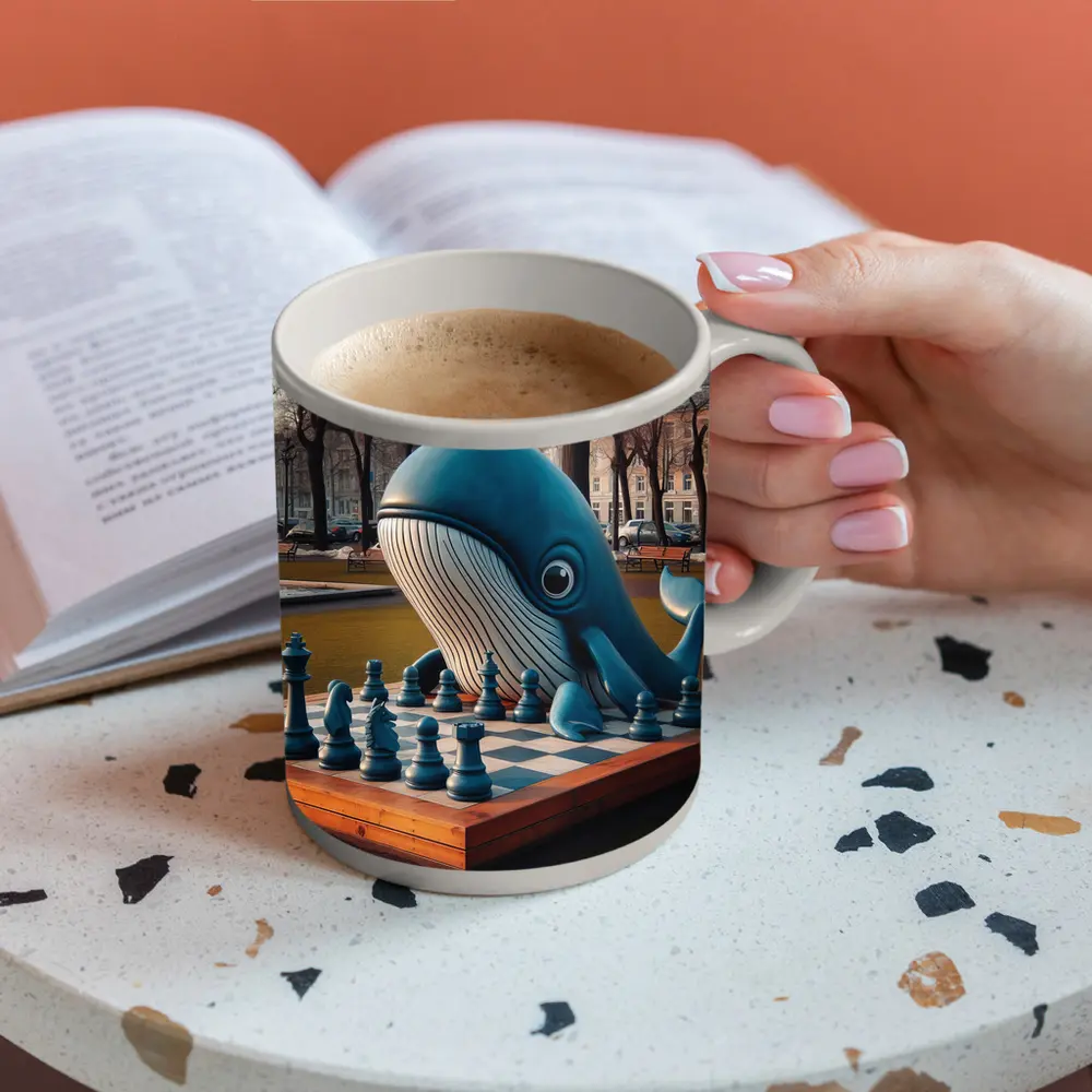 Blue Whale Playing Chess In Park – Mugs